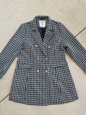 Allegra K Black & White Tweed Double-Breasted Blazer